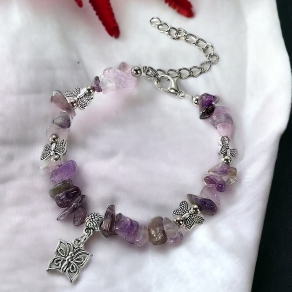 New Colorful Daisy Butterfly Crystal Amethyst Flower Charm Bracelet - Picture 7 of 9